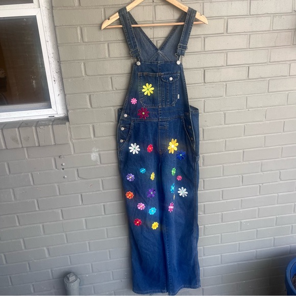 80s 90s Classic Old Navy Blue Jean Overalls Floral Patches XS - Picture 4 of 15